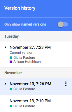 screen shot of edit history in Google Docs